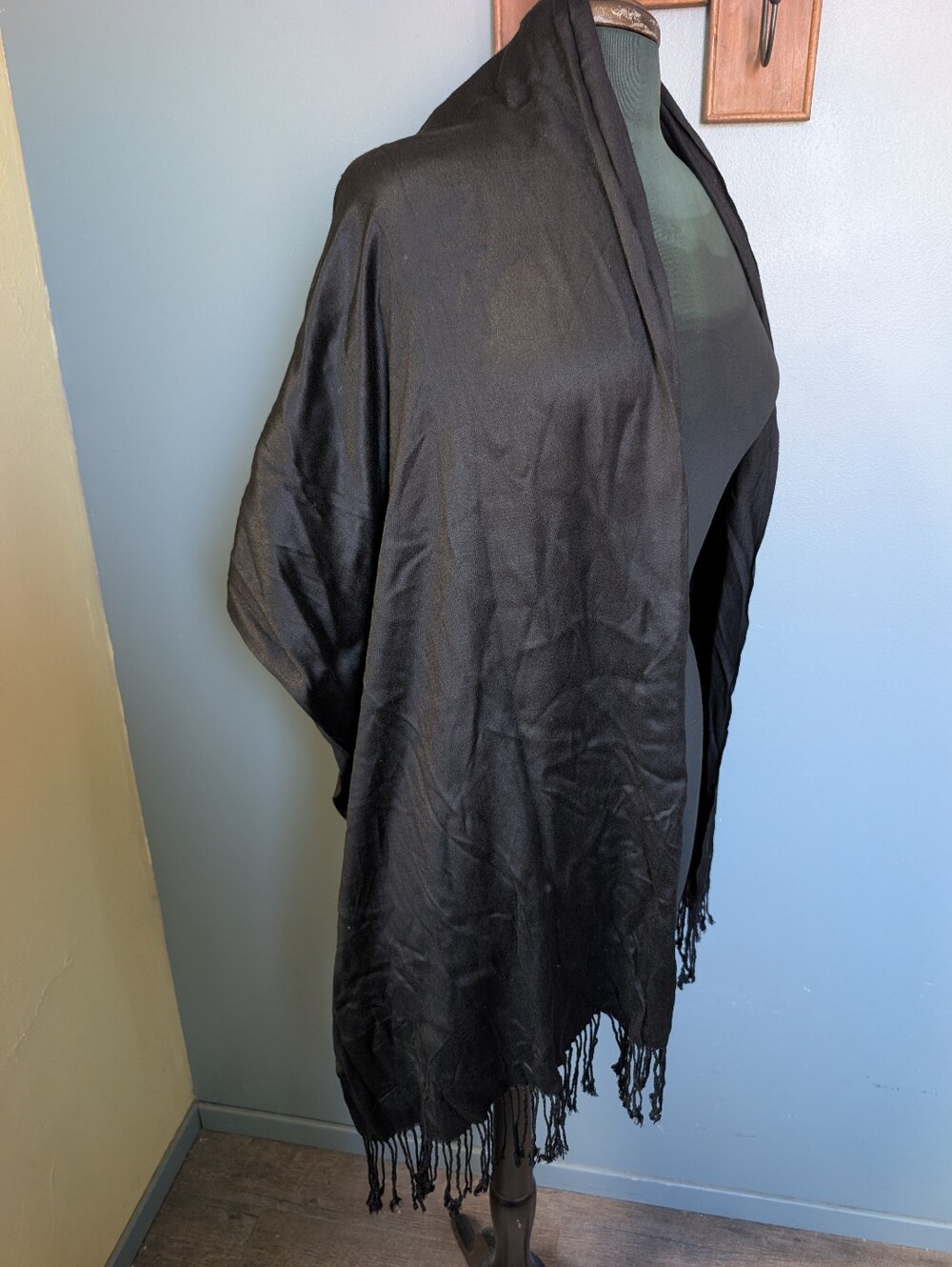 Black Pashmina Style Fringe Shawl Wrap - Women Accessories